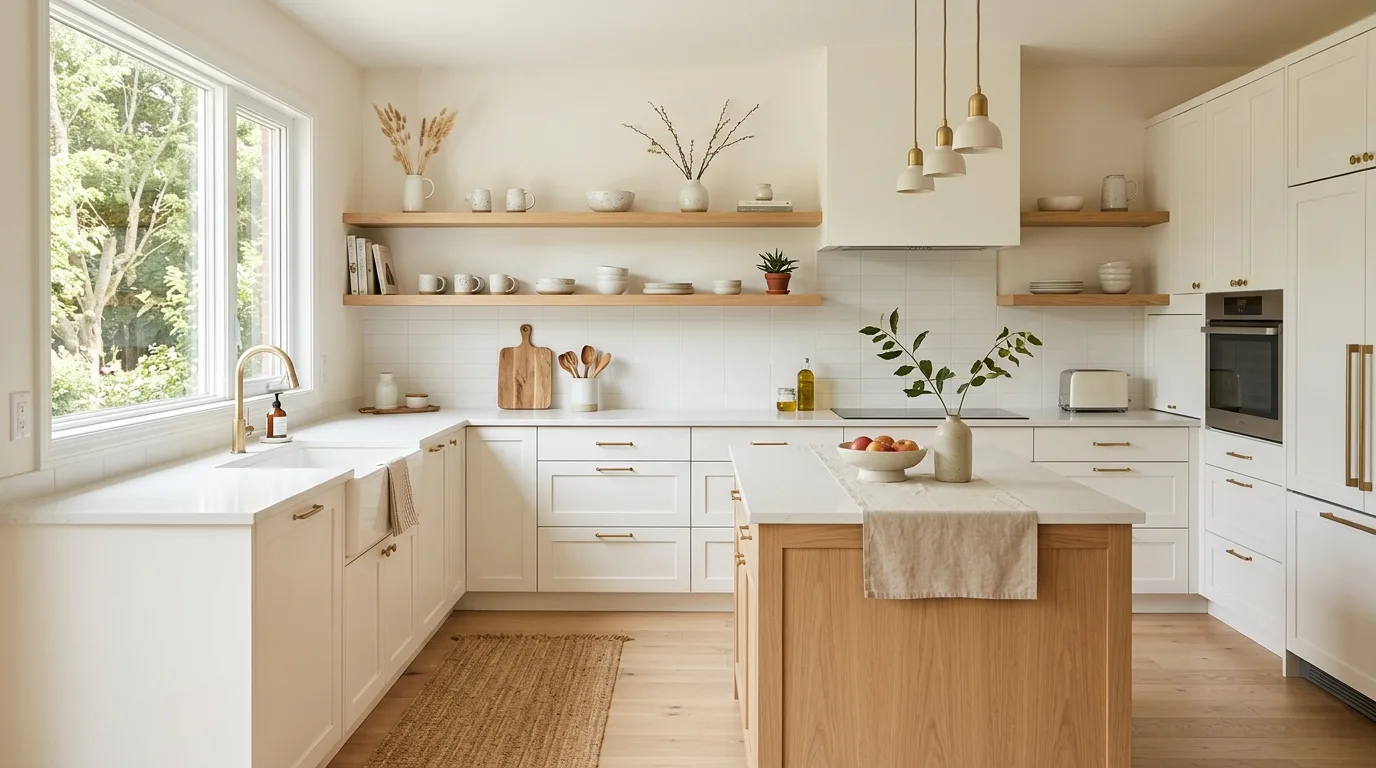 Choose simple hardware that supports the palette inspiration for a warm white and white oak kitchen.